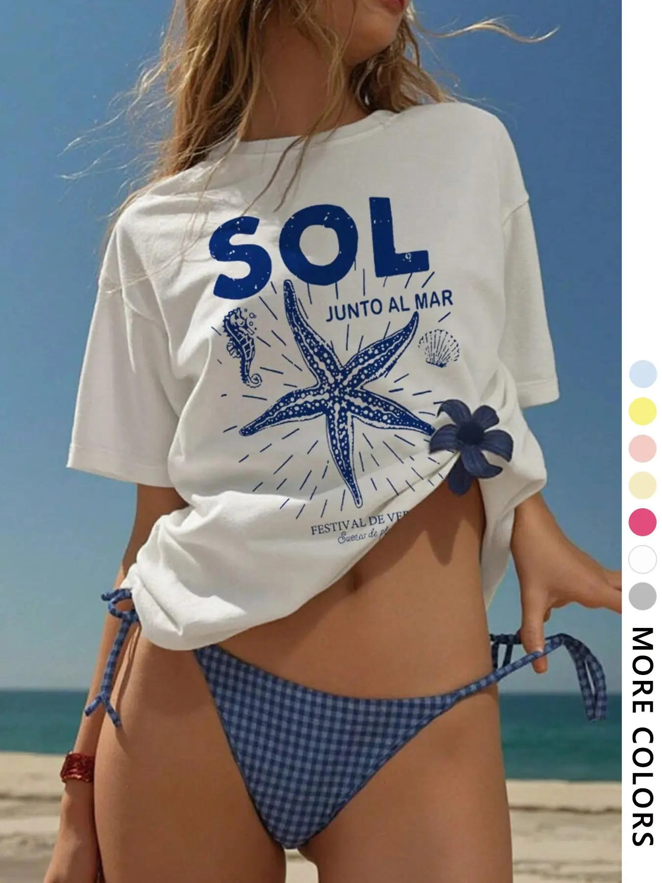 Women's Starfish & Sea Horse Print Round Neck Tee, Casual Loose Short Sleeve T-shirt, Beachy Tee for Beach Vacation, Ladies Summer Clothes, Casual Fashion Tee, Top, Womenswear