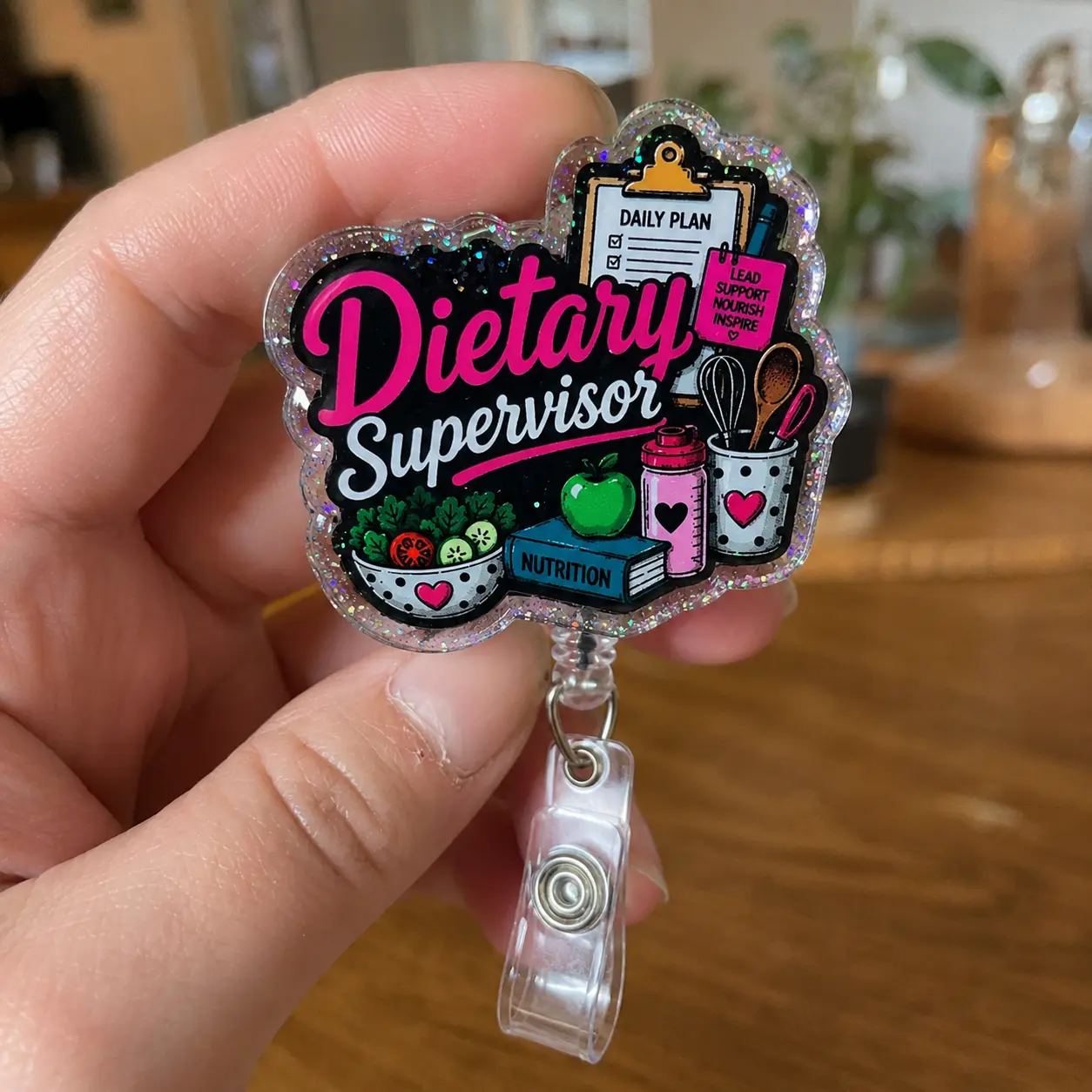 Badge Reel for Dietary Supervisors, Cute Nutrition Glitter Acrylic Dietary ID Holder, Retractable Clip Food Service Team Appreciation Gift