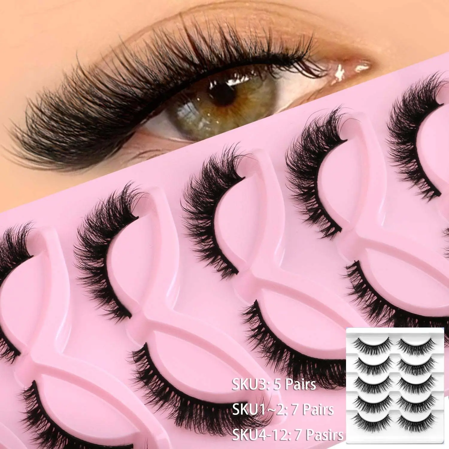 GROINNEYA 5 Pairs Cat Eye Lashes, Cosmetic False Lashes, Fluffy Soft False Eyelash Strips, Fluffy False Eyelashes, Volume Wispy Faux Mink Lightweight Winged End Eye Elongated, Daily Makeup, Beginner Friendly Lashes, Suitable For Any Occasion