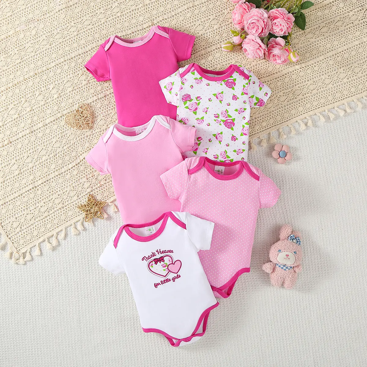 5-piece baby triangle jumpsuit, short-sleeved baby girl jumpsuit, baby girl newborn cotton flower elegant jumpsuit, home wear