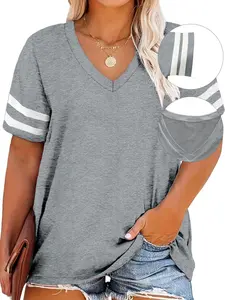 Plus Size Contrast Striped Print V Neck Tee, Casual Short Sleeve T-shirt for Summer, Women's Plus Clothing for Daily Wear, Cute Tops