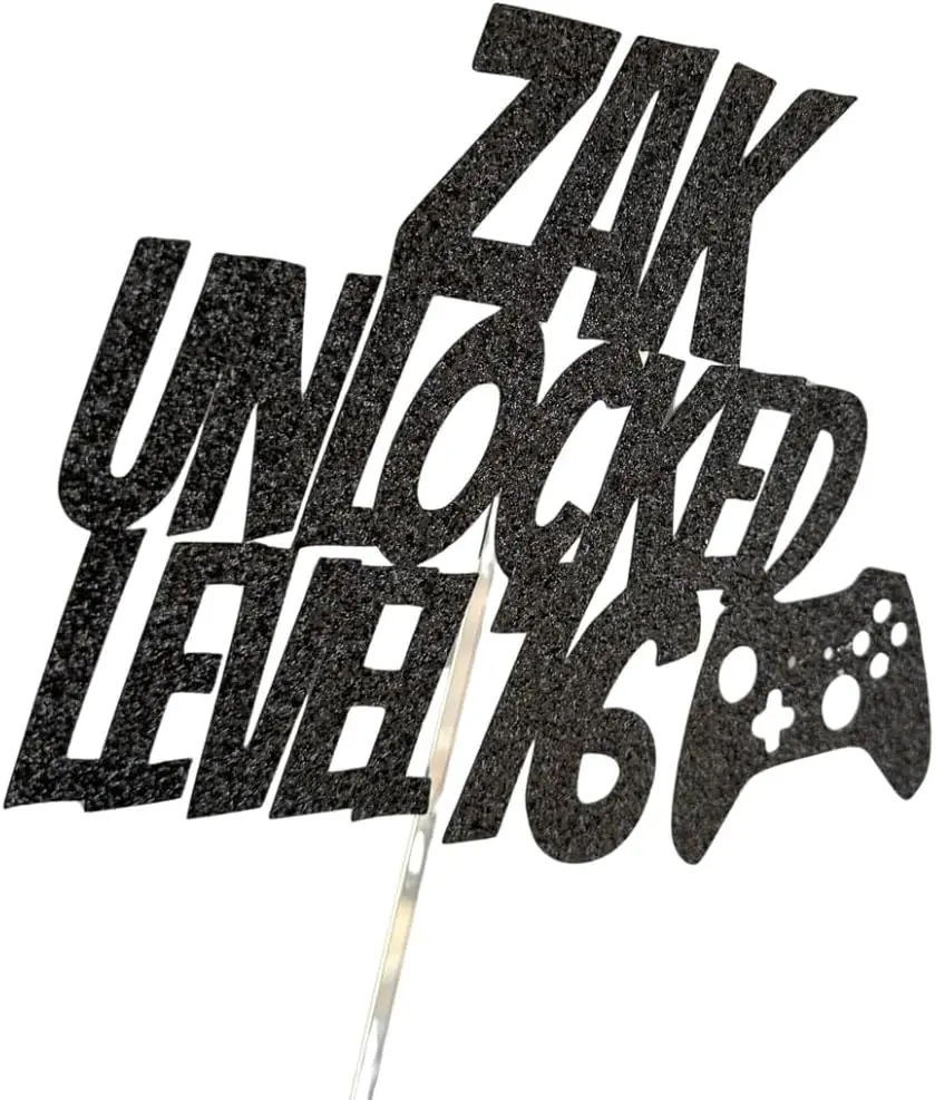 Gamer Birthday Cake Topper – "Name Unlocked Level #" Custom Controller Design – Video Game Party Decoration for Boys, Teens, and Adults, Glitter, Birthday Cake Decorations, Number Decoration Cake & Cupcake Toppers