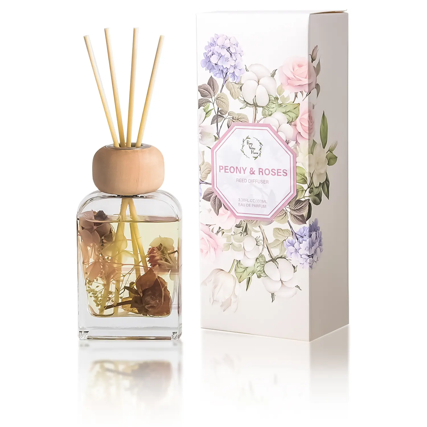 Pretty Valley Scented Peony-Roses Reed Diffuser Single Set - Blossoming Gift, 3.4 fl. oz (0-500 ml), Elegant Home Fragrance Decorative Glass Bottle with Sticks for Bathroom, Living Room - Ideal for Birthday Gifting
