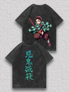 valentine shirts Men's Vintage Distressed Double-Sided T-Shirt - Demon Slayer Tanjiro Character Print & "Demon Extermination" Graphic, Trendy Unique Short-Sleeve