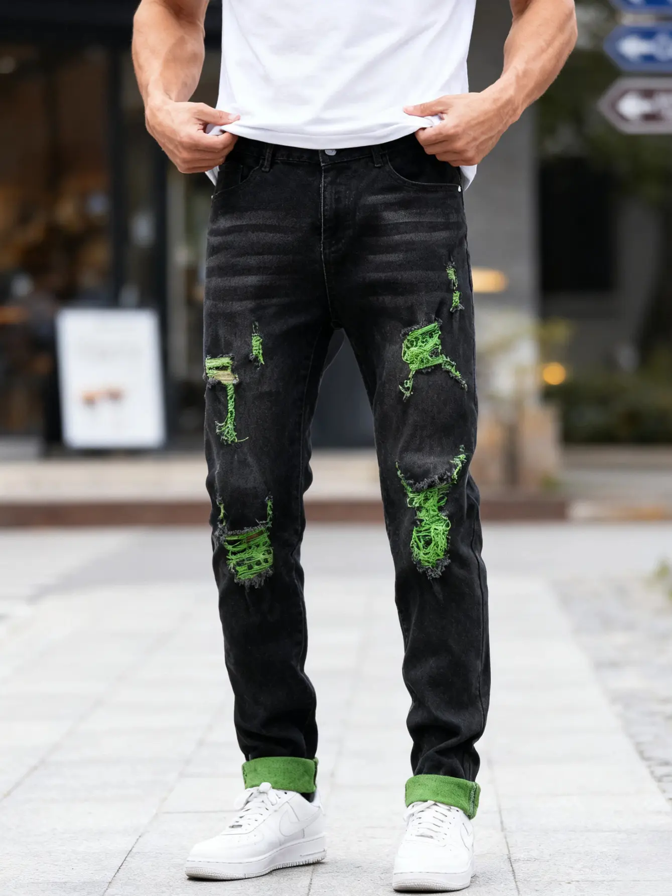 Men's Black and Green Slim Ripped Denim Jeans - Fashionable Compression Pants, Comfortable Stretch, Halloween Street Style, Versatile Menswear Streetwear, Easy to Match, All-Day Wear (Pair with Shirt, Blazer, Sweatshirt), Casual, Stylish, Chic