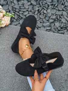 Sweet Cool Style Velvet Mary Jane Shoes, Large Bow Design, Round Toe, Soft Sole, Comfortable Flat Heels, Versatile Office Women's Shoes, Bowknot Design Shoes, Bow Decorated Shoes