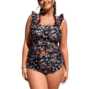 Women's Plus Size High-Waisted Ruffle 2-Piece Floral Bikini Set - Tummy Control Bathing Suit, 2026 Comfortable Swimwear for Summer Outdoor Fun, Plus Size Clothes, Swimsuit for Women, Bathing Suits
