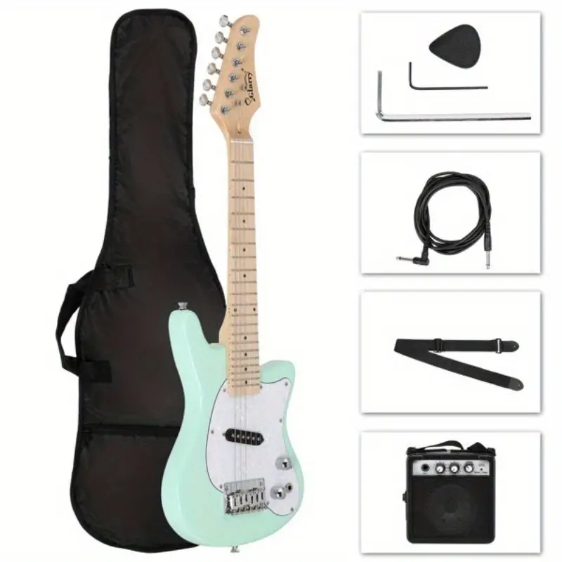 30in Light Green Maple Wood Mini Electric Guitar Kit (36V, All Seasons) – Includes 5W Amplifier, Bag, Strings, Shoulder Strap, Guitar Pick, Cord, Wrench Tool, As Picture, 30In Maple Fingerboard