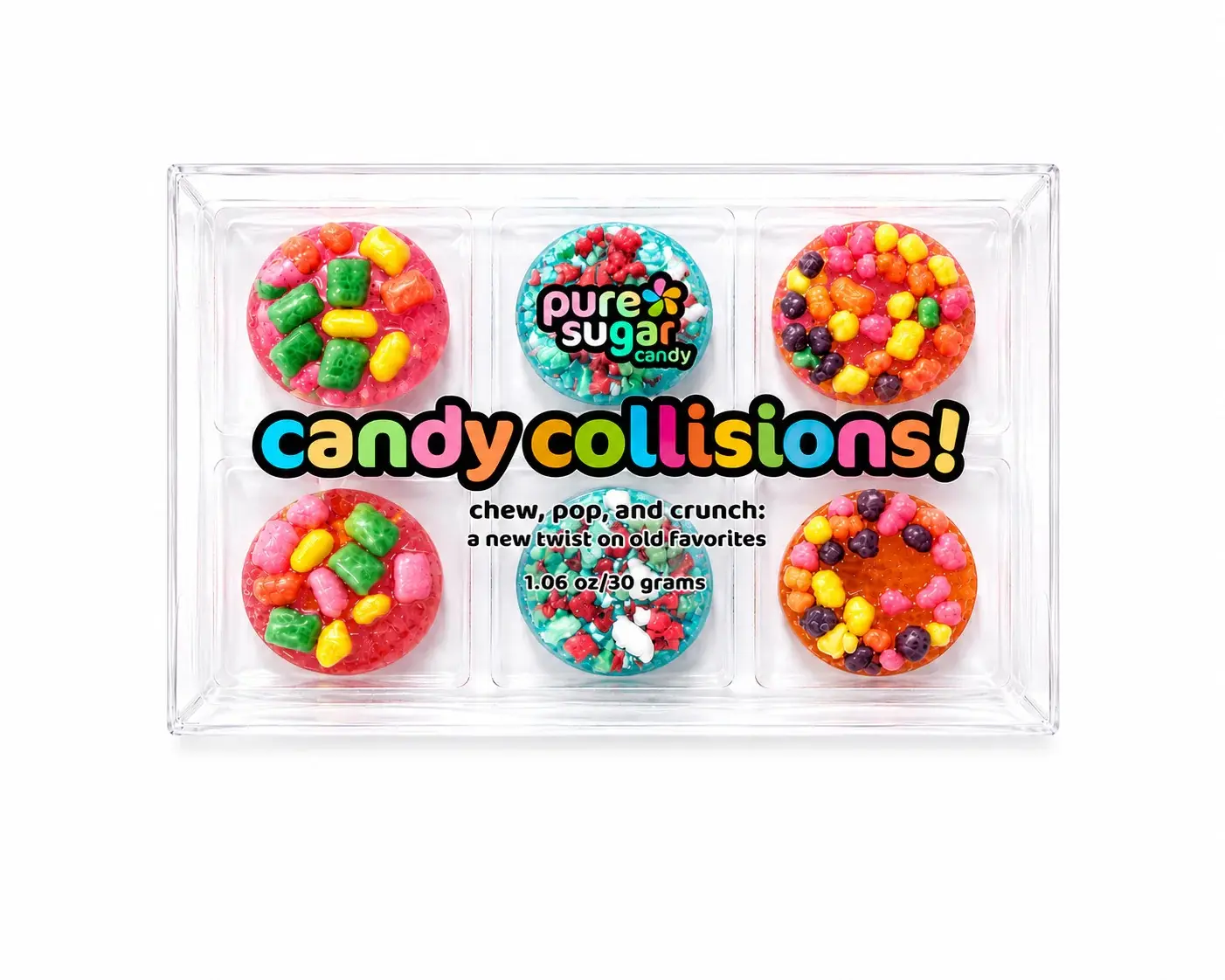 CANDY COLLISIONS! Crunch, pop, and chew - Your favorite classic candies combined with three different delicious hard candy flavors - six pack snack pack