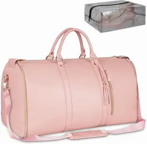 Garment Duffle Bags for Travel, Convertible Carry On Garment Bag for Women, Large PU Leather Foldable Travel Bag with Shoe Pouch, 2 in 1 Hanging Suitcase Dress Suit Travel Bags, Pink