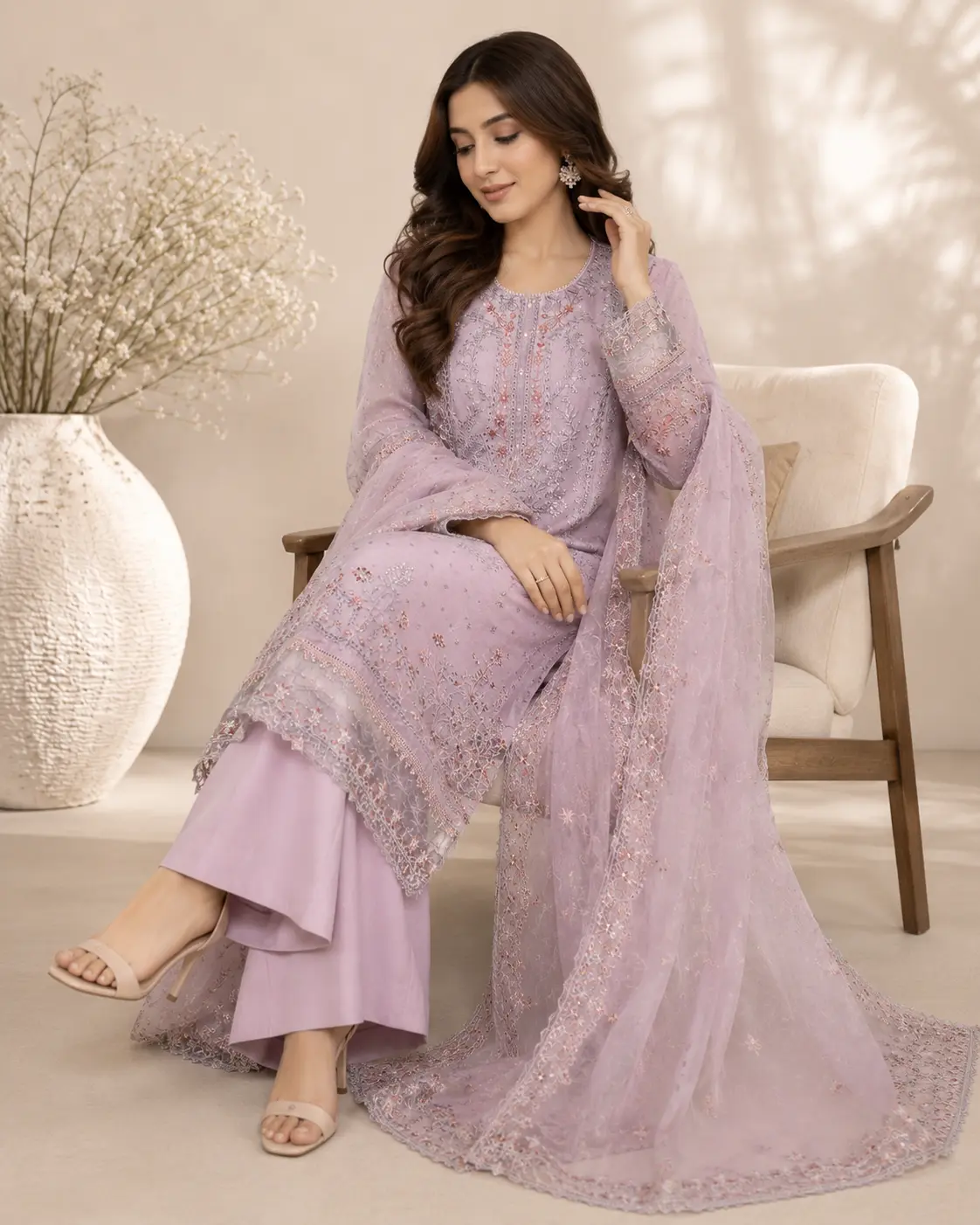 Women's Plus-Size Formal Embroidered Pakistani Long-Sleeve Dress - Formal Wear, Comfortable Elegant Eid Party Occasion Outfit, Embroidery