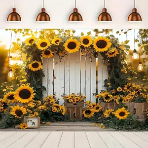 1PC Polyester Reusable 2D Flat Sunflower Photography Backdrop - Rustic White Fence, Wooden Crate Design, Durable Fabric Cloth for Birthday Party (Home, Festive & Party Supplies, Backdrops & Banners)