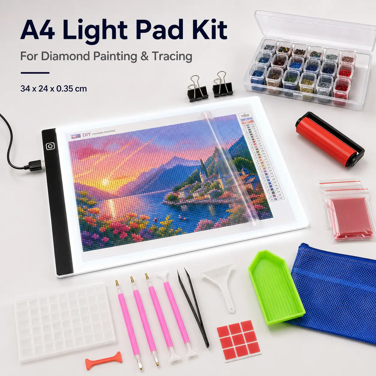 A4 Acrylic-LED Light Pad Kit, USB-Powered Light Board for DIY Diamond Art, Needlework Crafting,familyfun