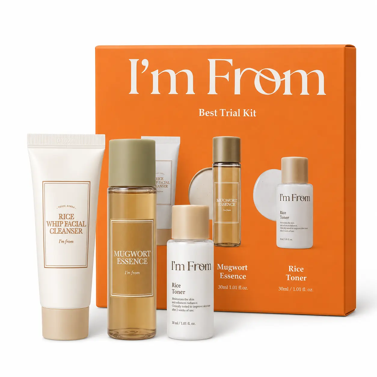 I'm From Best Trial Kit (3-Piece Travel Set), Rice Facial Cleanser 1 fl.oz, Mugwort Soothing Essence 1 fl.oz, Rice Hydrating Toner 1 fl.oz, Korean Skincare Mini Gift Set