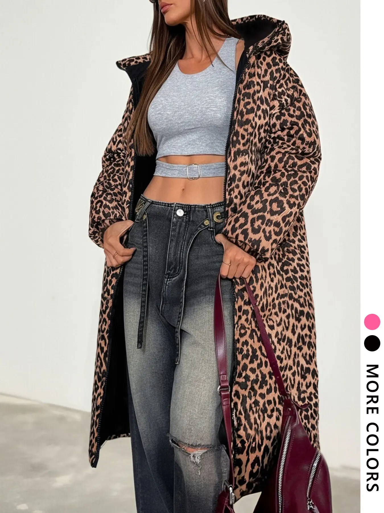 Women's Leopard Print Baggy Loose Long Coat, Long Sleeve, Pockets, Rose Lining, Multiple Colors Available, Warm Comfortable, Casual Vintage Style, Lady Jackets