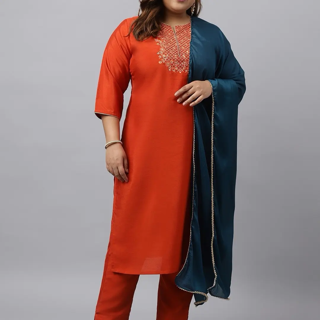 Plus Size Rust Orange Kurta With pant and Dupatta