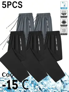 5-Pack Men's Lightweight Ice Silk Straight-Leg Drawstring Joggers Pants, Breathable Activewear Bottoms with Quick-Drying Fabric, Loose Casual Fit, Drawstring Waist, Zippered Pockets; Suitable for Fitness, Outdoor Hiking,summervibes