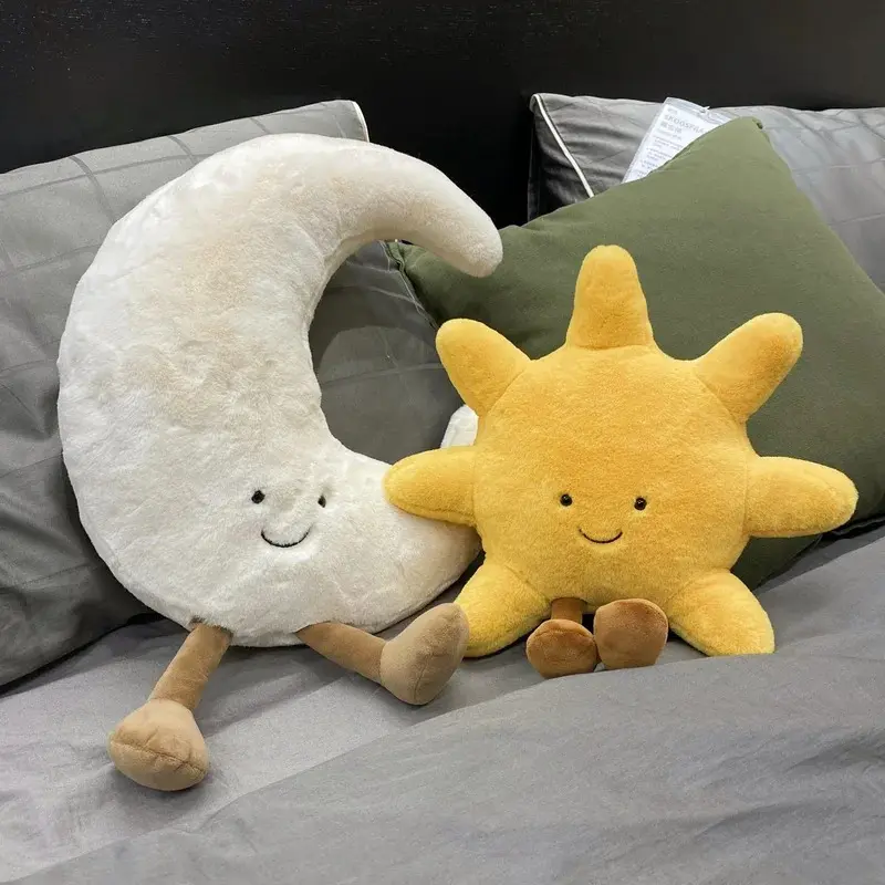 Huggable Kawaii Cartoon Creature Stuffed Animal - White Moon, Yellow Sun Smile Face Plush Toy for Kids, Bedroom Decor & Sofa Throw Pillow, Huggable Stuffed Animal, Kawaii Stuffed Animals