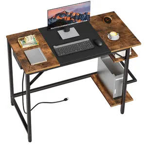 HOOBRO Home Office Computer Desk with Power Outlet, Writing Desk with 2 Shelves, Modern Small Desk for Home Office, Study, Easy to Assemble, Rustic Brown and Black#springtok#SpringSale #BigSpringSale