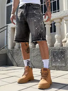 Rhinestone Embellished Slim-Fit Jeans: High-street denim shorts with rhinestone embellishments, featuring a slim-fit design, five-inch length, casual denim style, American street fashion, Streetwear, and everyday denim wear, Menswear
