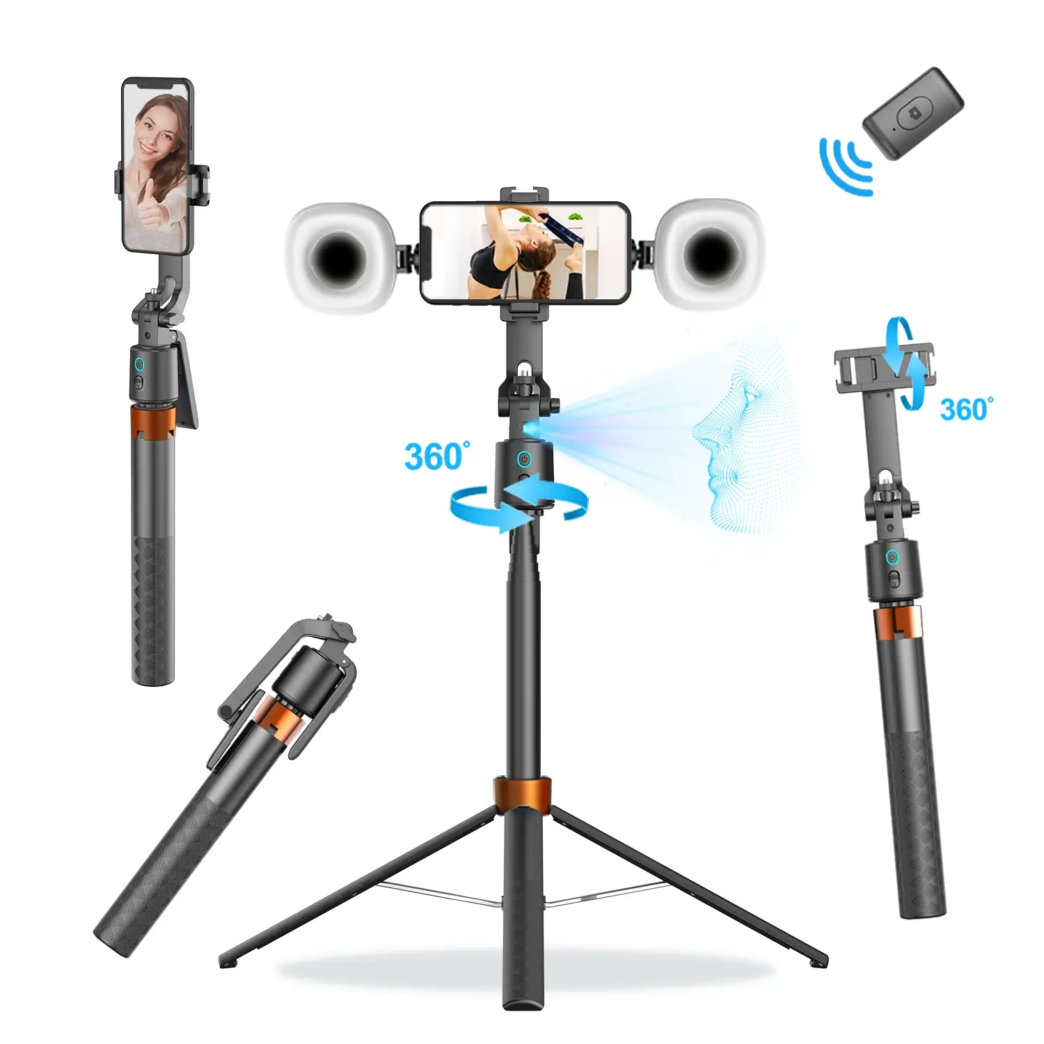 Face Tracking Tripod,69" Tall Travel Phone Tripod Stand with Light,Remote and Gesture Control, Portable Selfie Stick for Video Recording& Live Streaming&Content Creator(with fill light)