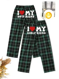 Couple Plaid Heart Home Pants, Vintage Style, Sweet Slogan Print, Casual Loose Fit, Breathable Fabric, Perfect Gift