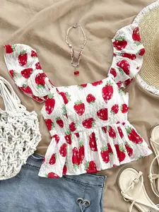 Soleia Women’s White Strawberry Print Blouse | Summer Backless Top with Cap Sleeves for Holiday, Casual Outings & Vacation Looks