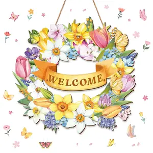 Spring Door Sign, Floral Welcome Spring Door Hanging Decoration, Front Door Rustic Style Wall Decor, Easter Celebration Indoor Outdoor, Party Decoration, Wooden Decorative Ornaments