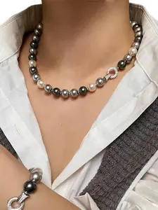 Elegant Multicolor Pearl Necklace, String of Pearls, High-End Silver Color Choker, Unique Clavicle Chain, Large Tahitian Sweater Chain for Women