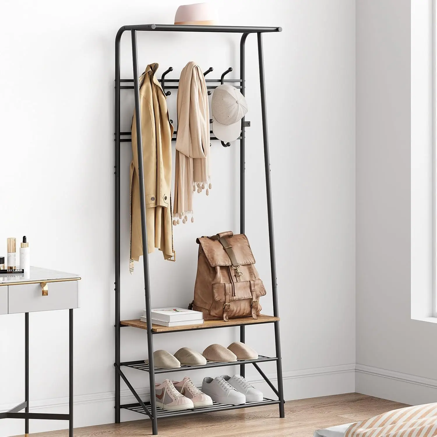 GAOMON Freestanding Traditional Vintage Industrial Farmhouse Hall Tree - Long-Lasting Metal Frame, Solid Wooden Panels, Hook Arms, Roomy Shoe Rack Bench, Multi-Tier Top Shelf, Space-Saving DIY Storage Entryway Organiser, Rustic Brown, Hardware Pack