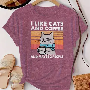 Cute Cartoon Cat With Blue Scarf Graphic Cotton T-Shirt, Valentine's Day Gift for Her, Oversized Comfort Fashion Cute Summer Tee