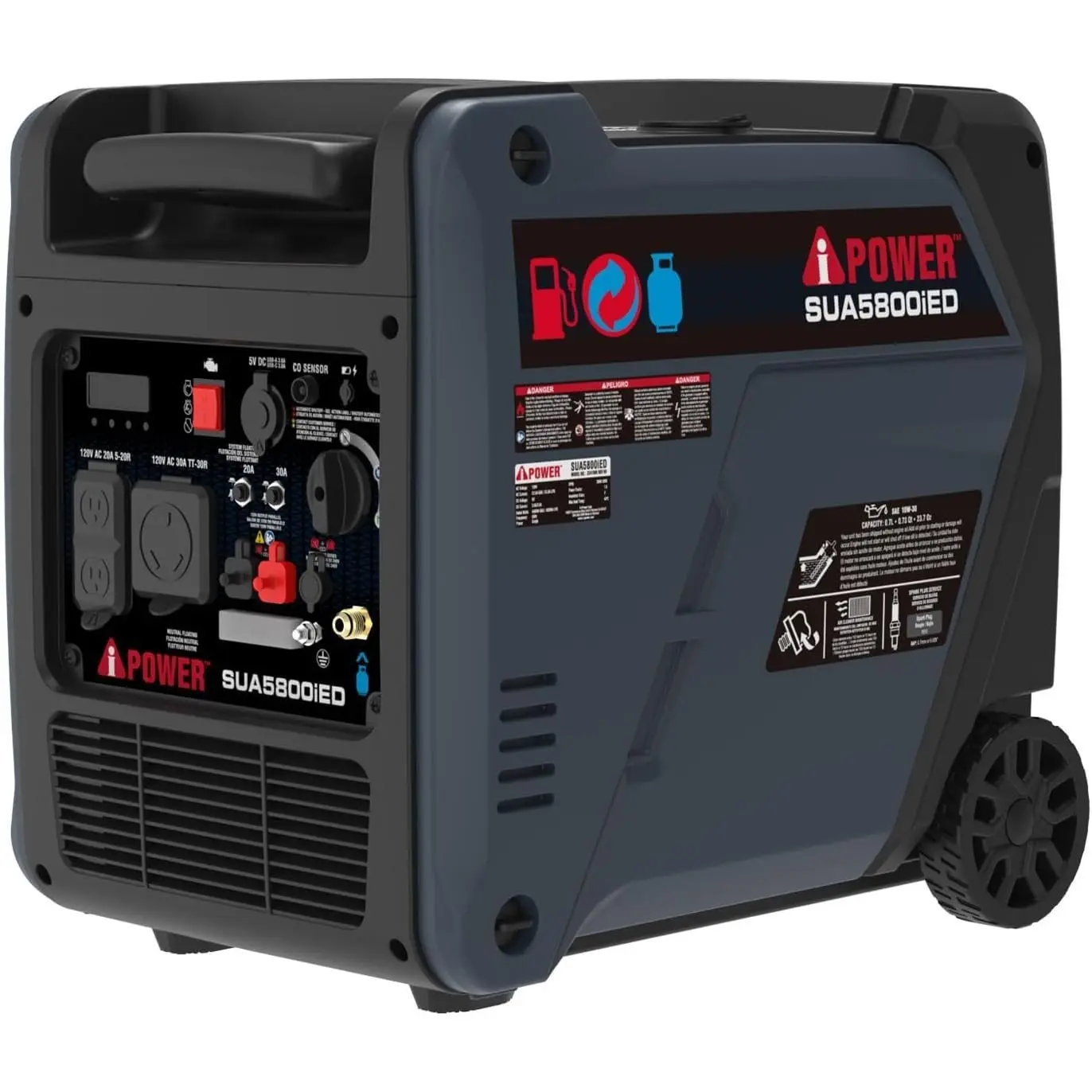 A-iPower 5800-Watt Dual Fuel Quiet Portable Inverter Generator, Electric Start, RV Ready, EPA Certified, CO Sensor, Telescopic Handle for Home Backup, Tailgating & Camping (SUA5800iED)