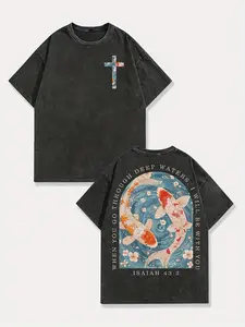 Unisex Isaiah 43:2 Graphic T-Shirt Vintage Washed Christian Cross & Koi Fish Design Bible Verse Quote Religious Faith Outfit For Deep Waters & Spiritual Comfort