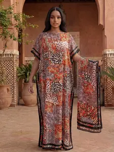 Women's Leopard Print Robe Set, Matching Casual Long Dress & Headscarf, Beach Sun Protection Soft Satin Scarf, All Seasons Fashion
