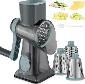Multi-functional manual cheese grater with 3 interchangeable blades. Rotating cheese grater with powerful suction cup base. Easy to operate and clean. Ideal for kitchens and restaurants.