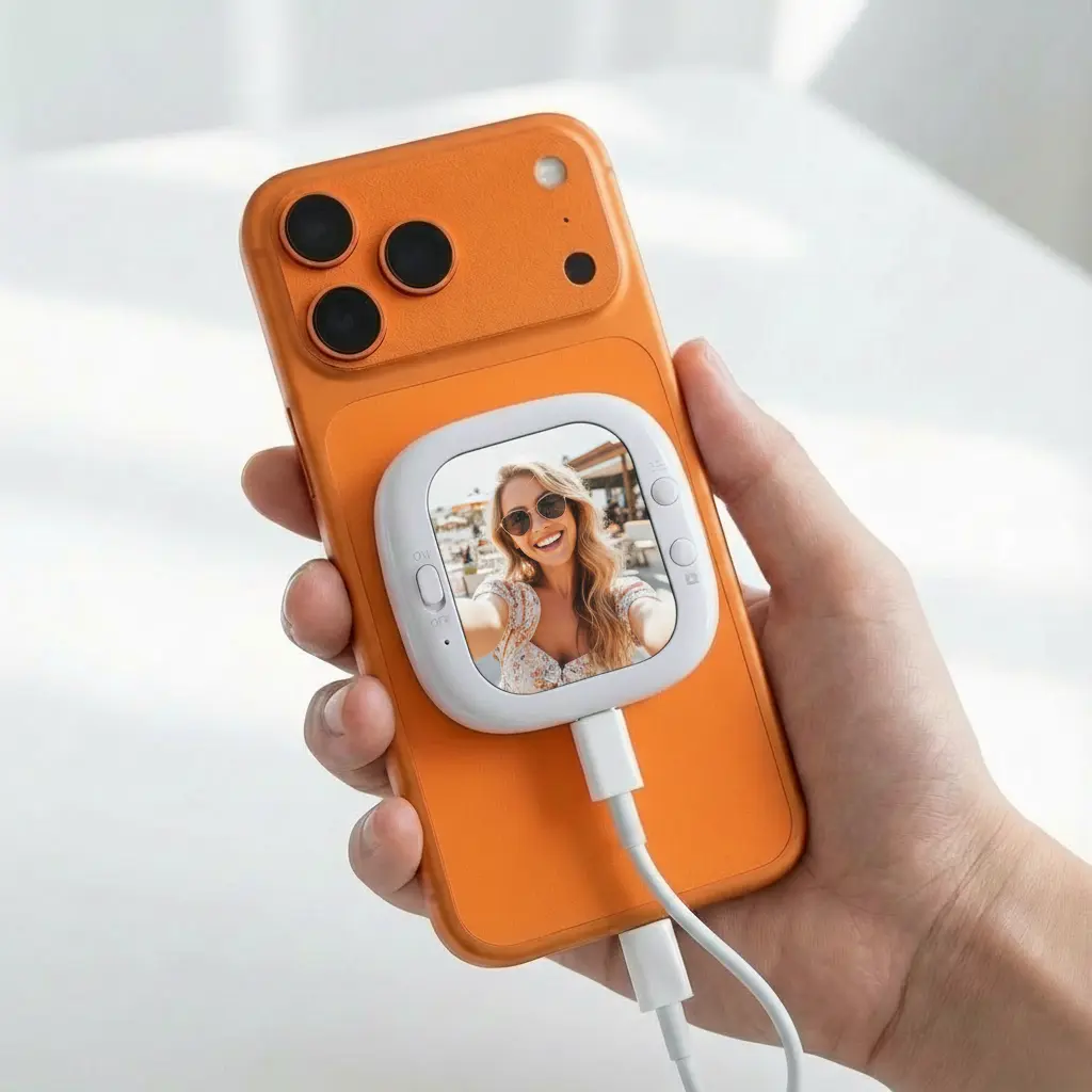 Mini Cellphone Mobile Smartphone Vlogging Kit for Women - USB-C Wired/Wireless Mirroring, Audio Sync, Remote, Magnetic Mount, 4 Brightness Levels, 180° Rotatable Screen Selfie Stand Accessory Set (iOS/Android Compatible)