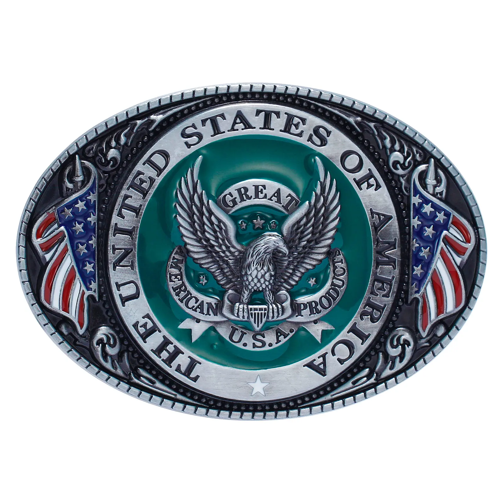 Unisex Alloy Western Buckle - Antique Silver Elliptical Buckle Decorated with Carved American Flag & Eagles, Patriotic Fashion Accessory, Carved Detail