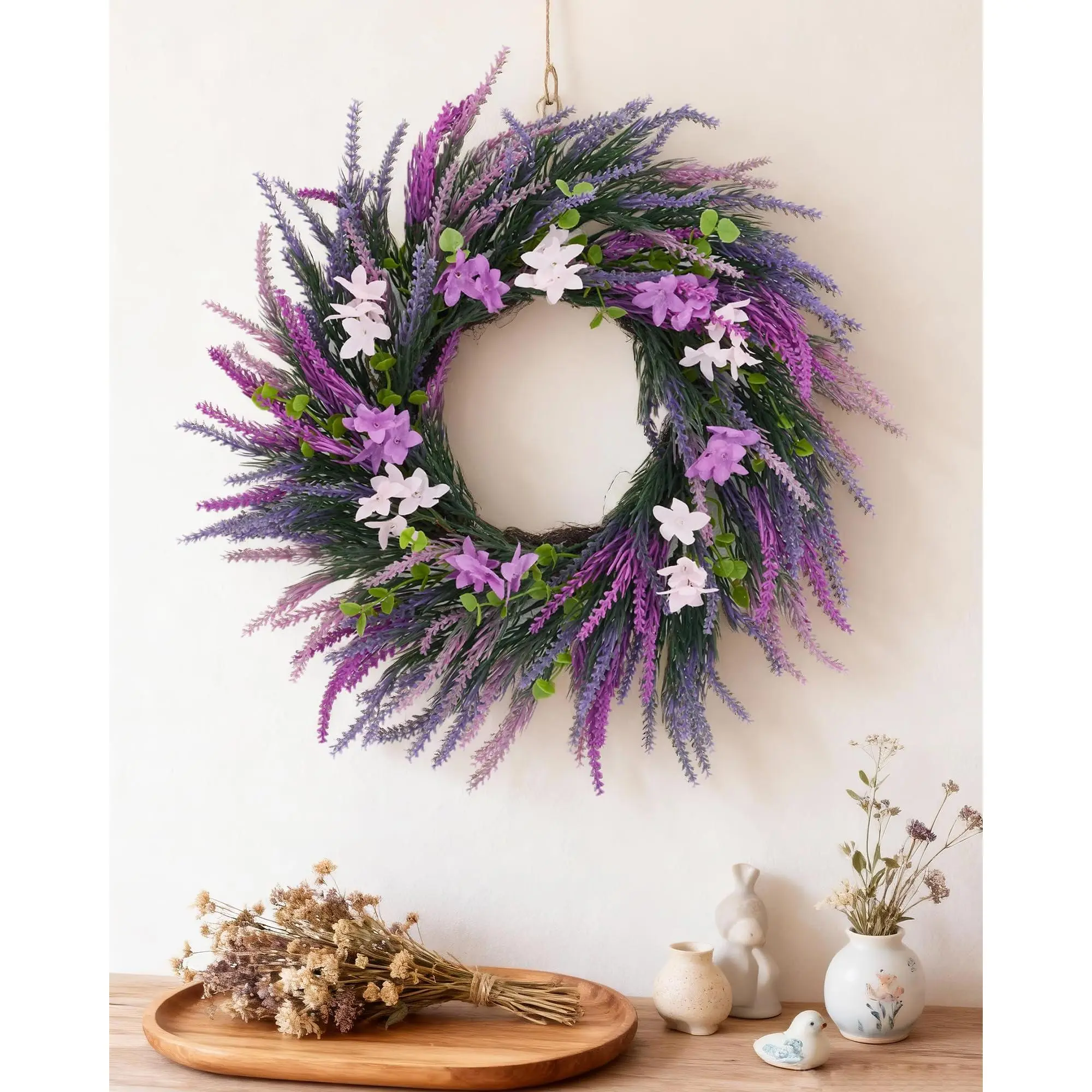GARVEE 20-in Waterproof Lightweight Artificial Purple Lavender Wreath - Wildflower Floral Wreath for Front Door, Home Decoration, Gift, Water Proof