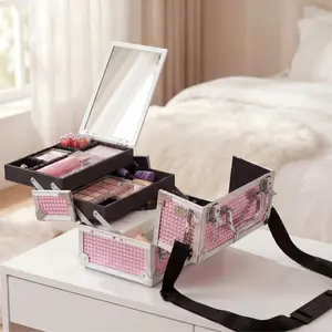 Costoffs Aluminum Makeup Train Case with Mirror, Portable Travel Cosmetic Organizer with 2 Trays & Adjustable Dividers
