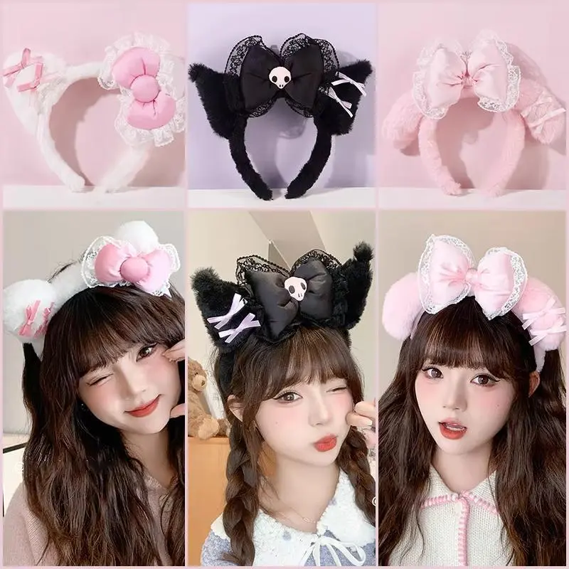 San Lace Puffy Bunny Earband - Cute Cartoon Kitty Design, Fluffy Rabbit Ears, Plush Bowknot, Lolita Fashion Headband, Animal Ears Headband, Girls' Hair Accessory, Bunny Earbands, Fashion Headbands