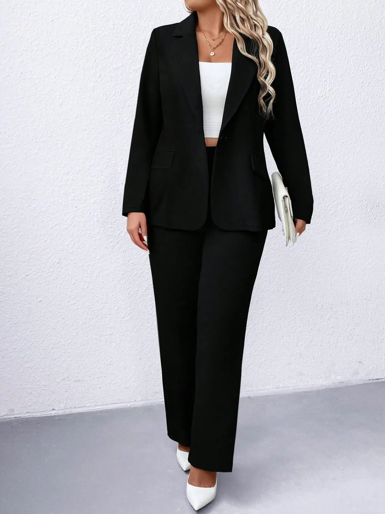 Plus Size Women's Suit Set Fit, Basic Lapel Button Blazer + High Waist Wide Leg Pants, Stretchy Comfortable Fabric, Office Casual Chic Elegant Minimalist Style, Formal Office Suit