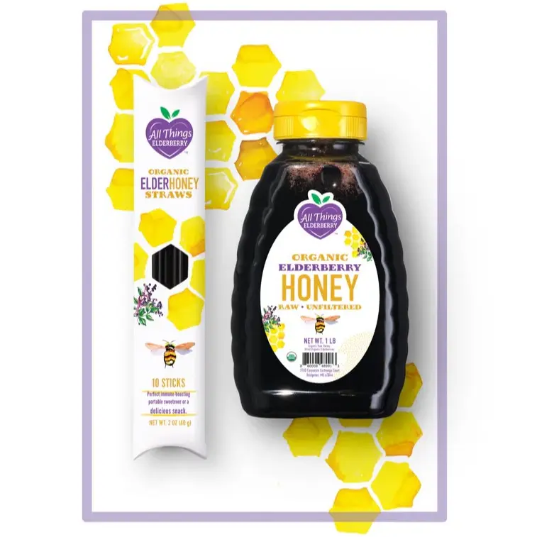 All Things Honey Organic Elderberry Honey 10 Sticks Sweet Berry Flavor Raw Unfiltered Pure Honey with Elderberries