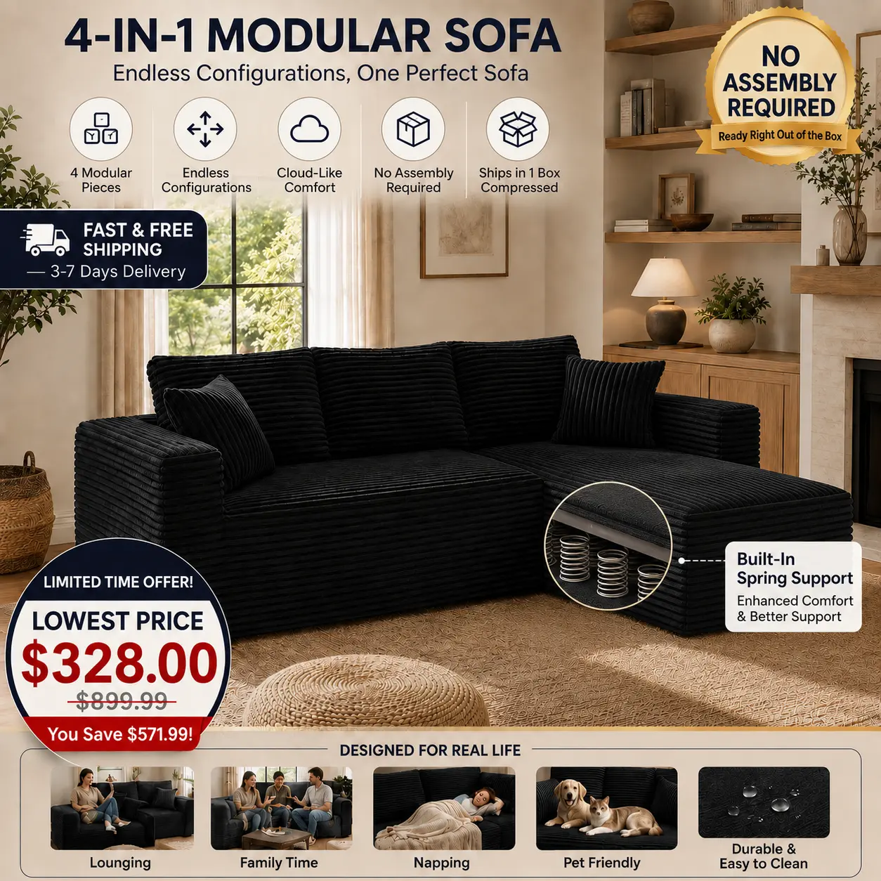 4-in-1 Modular Cloud Sectional Sofa Couch, Teddy Boucle Oversized Sleeper Sofa with Chaise, Armrest & Storage Ottoman, Space-Saving L-Shaped Couch for Apartments, Ships in 2 Packages