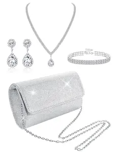 4-Piece Silver Clutch Purse Jewelry Set for Women – Evening Rhinestone Purse, Crystal Necklace, Earrings, and Bracelets; Lightweight Bridal Wedding Jewelry