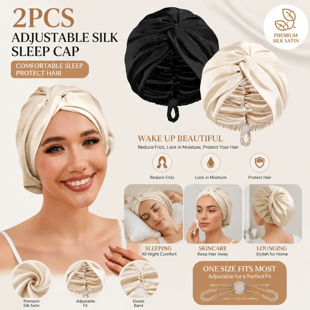 2 Pack Adjustable Silk Satin Hair Bonnet for Sleeping – Double Layer Night Turban, Women’s Hair Wrap for Curly & Straight Hair, Unisex Sleep Cap