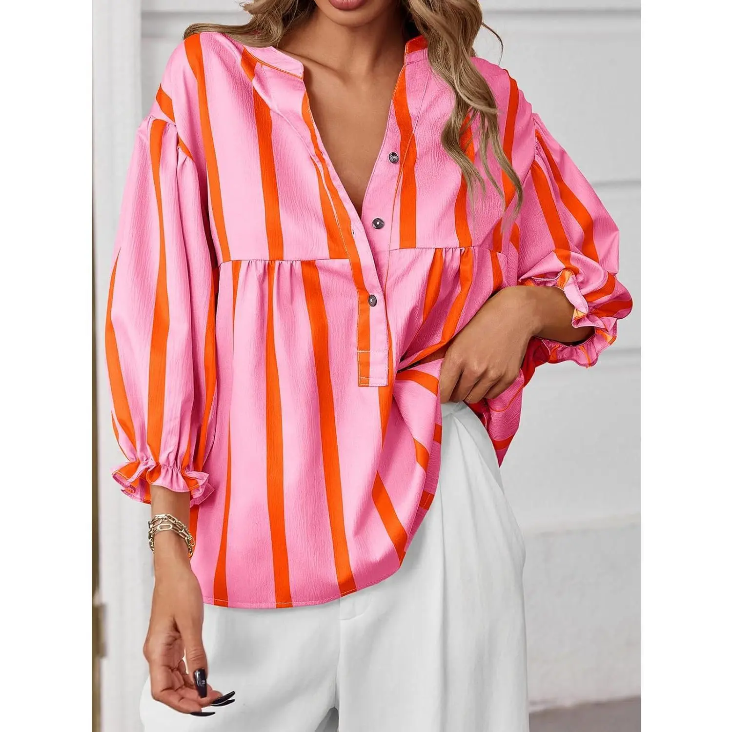 Imily Bela Womens Puff Sleeve Babydoll Tops Summer V Neck Striped Blouse Cute Casual Loose Fit Flowy Shirts