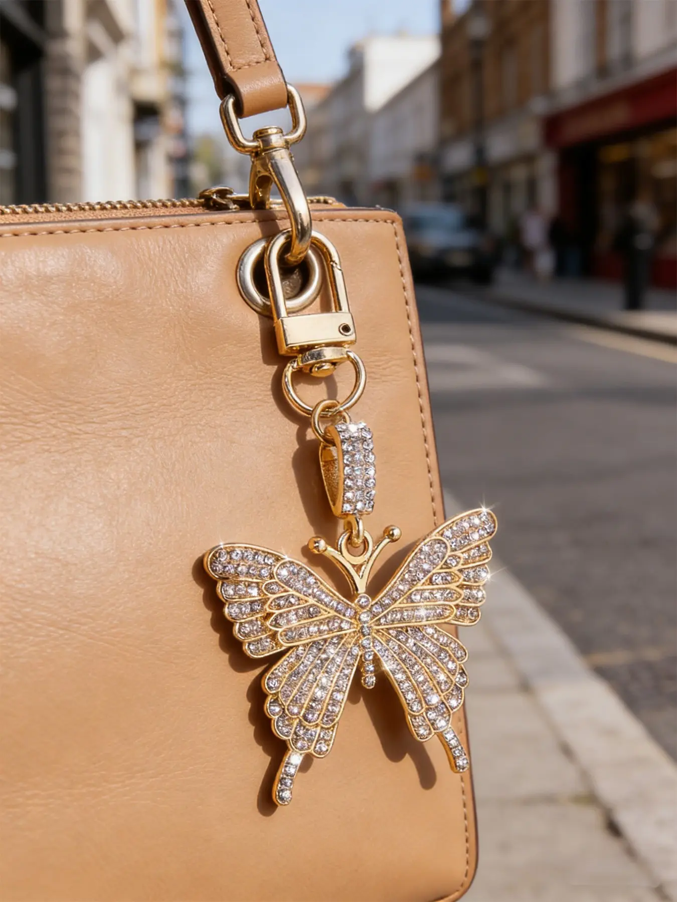 Shine bright this Women's Day! This diamond butterfly sparkly bag charm adds luxury to your bag/keys—perfect gift for her, Bag Accessories. #WomensDayGift #ButterflyCharm #DiamondAccessory #GiftForHer