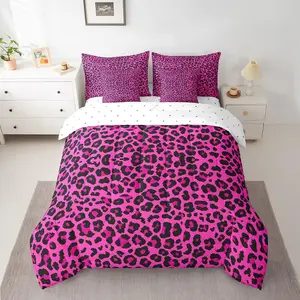 Pink Leopard Print Bed Set,in a Bag 7 Pieces,Wild Animal Skin All Season Comforter Set,Cheetah Skin Bedding Set with 1 Comforter,2 Sheets,2 Pillowcases & 2 Throw Pillow Covers, Animal-Themed, Breathable Cloth