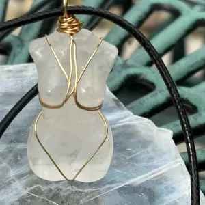 Clear Quartz Wire Wrapped Goddess Pendant on Leather Cord Necklace - Handcrafted with Copper Wire and Black Leather Cord