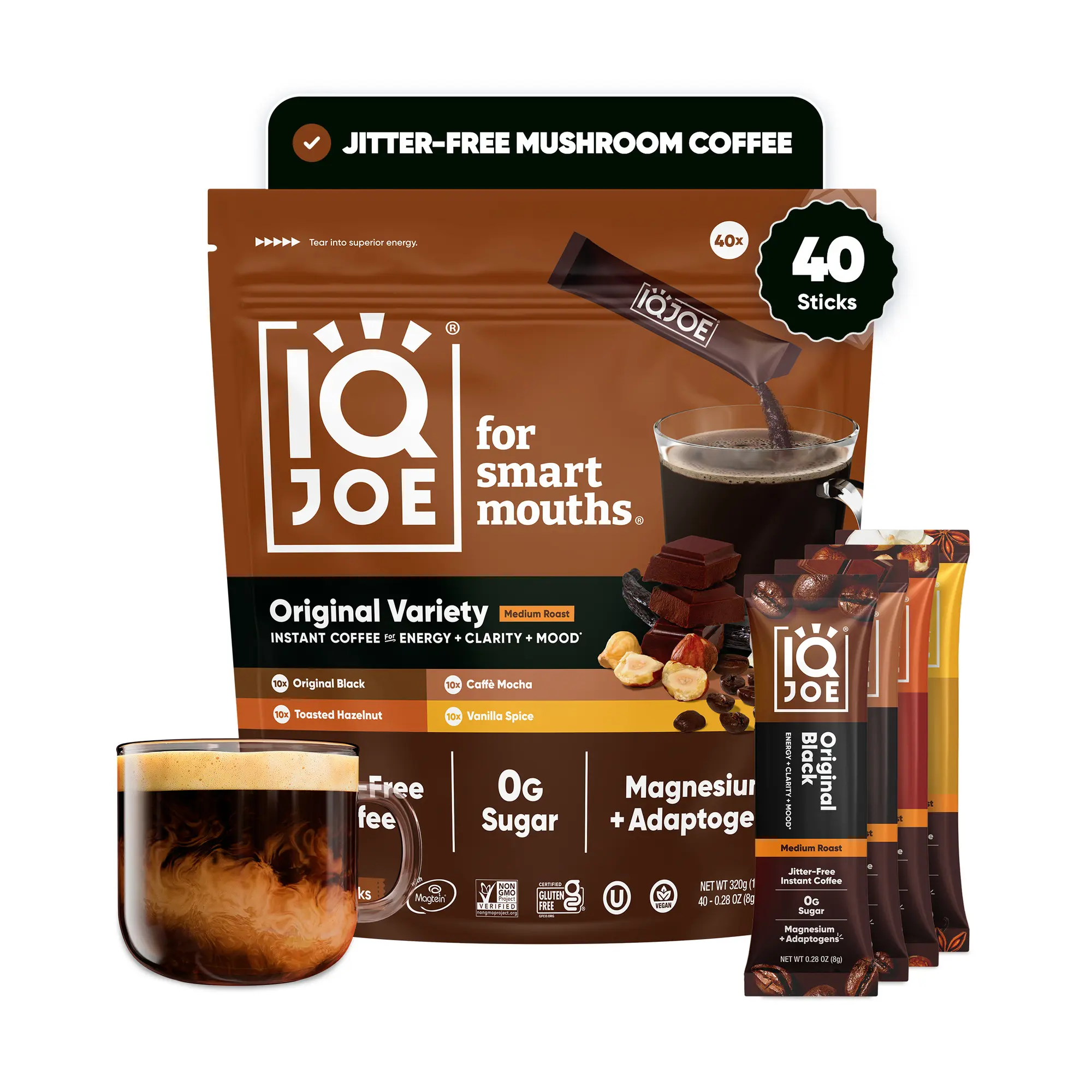 IQJOE Instant Mushroom Coffee, Variety Pack, 40 Stick Packs Zero Sugar Single Serve | Lion's Mane, Magnesium L Threonate | Jitter Free, Individual Servings, Travel Size, Smooth Taste